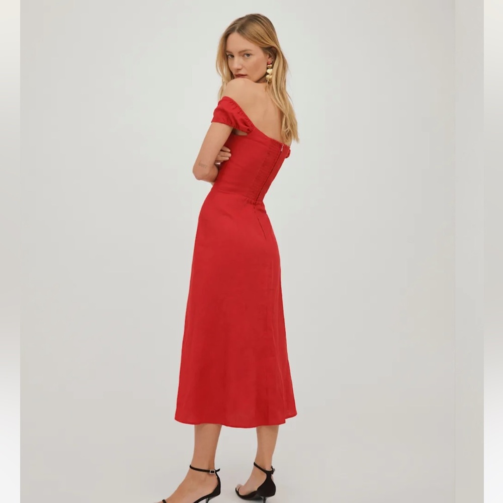 💫SALE Reformation Bridgton Linen Midi Dress Off Shoulder - Picture 3 of 14